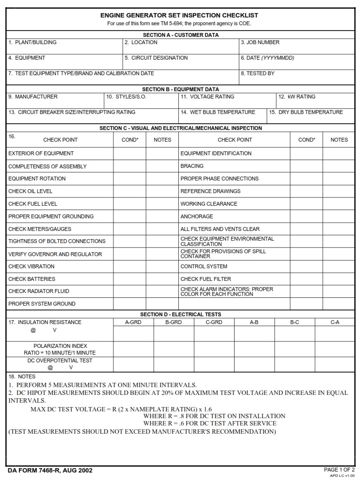 DA FORM 7468-R - Engine Generator Set Inspection Checklist (LRA) - Page 1