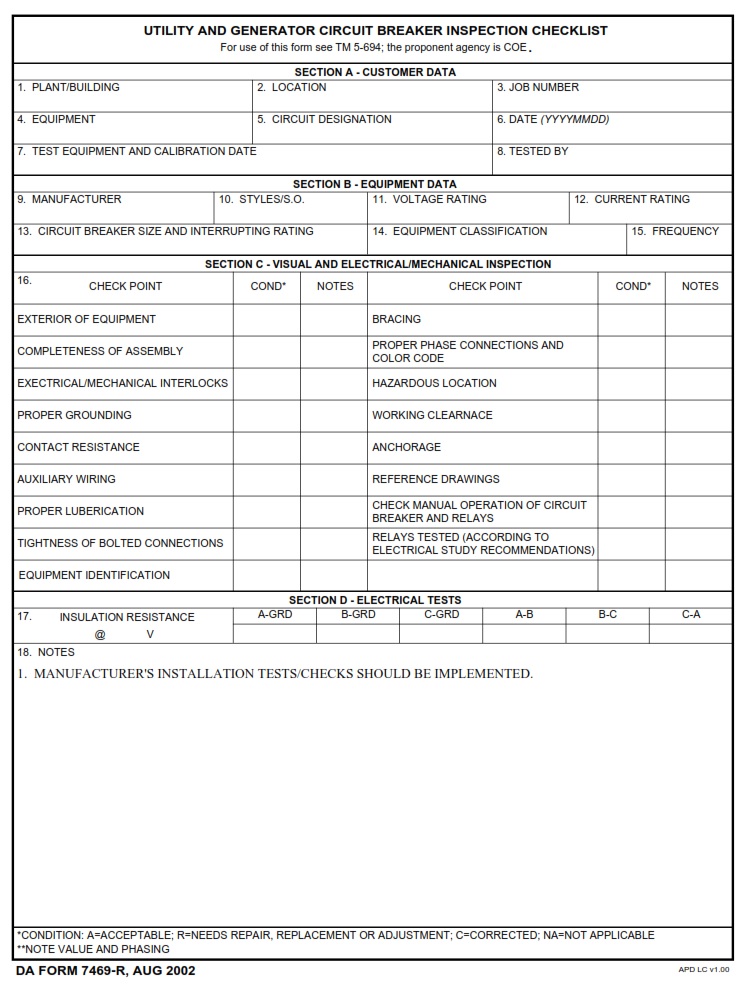 DA FORM 7469-R - Utility And Generator Circuit Breaker Inspection Checklist (LRA)