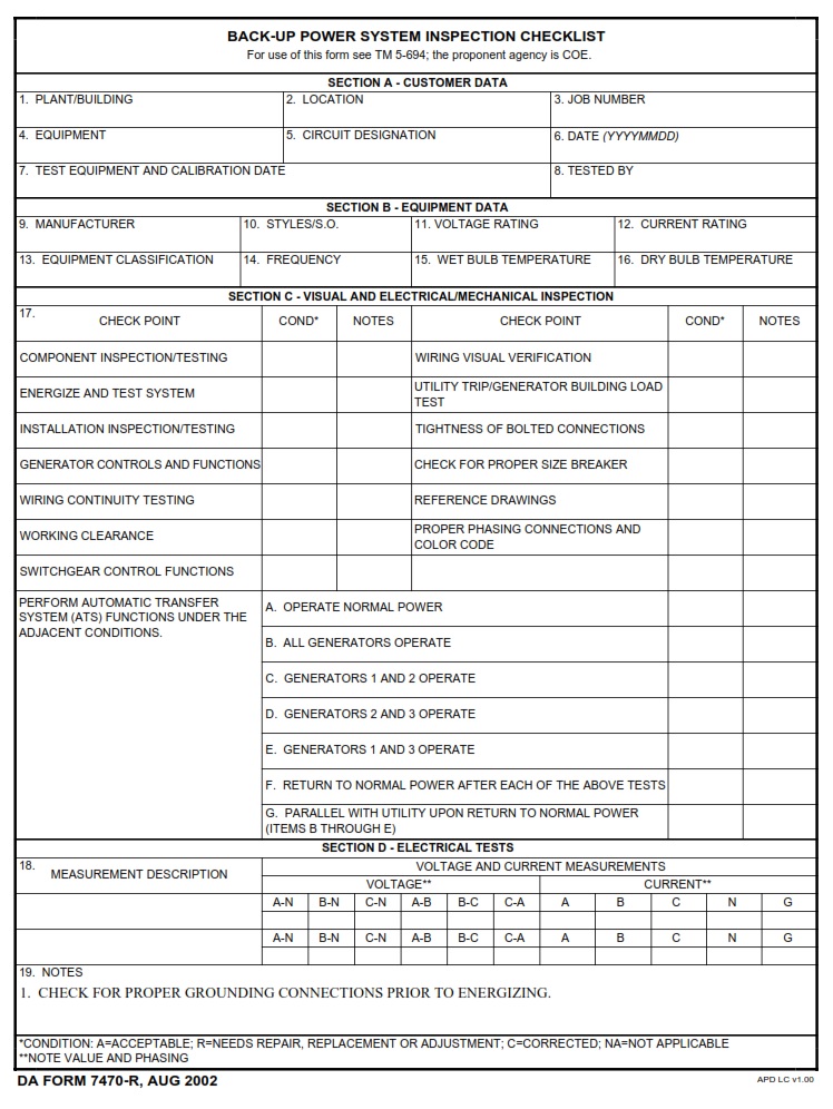 DA FORM 7470-R - Back-Up Power System Inspection Checklist (LRA)