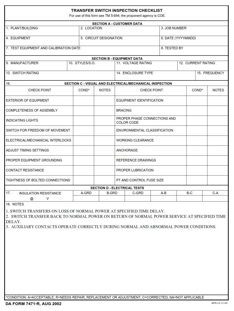 DA FORM 7471-R - Transfer Switch Inspection Checklist (LRA)