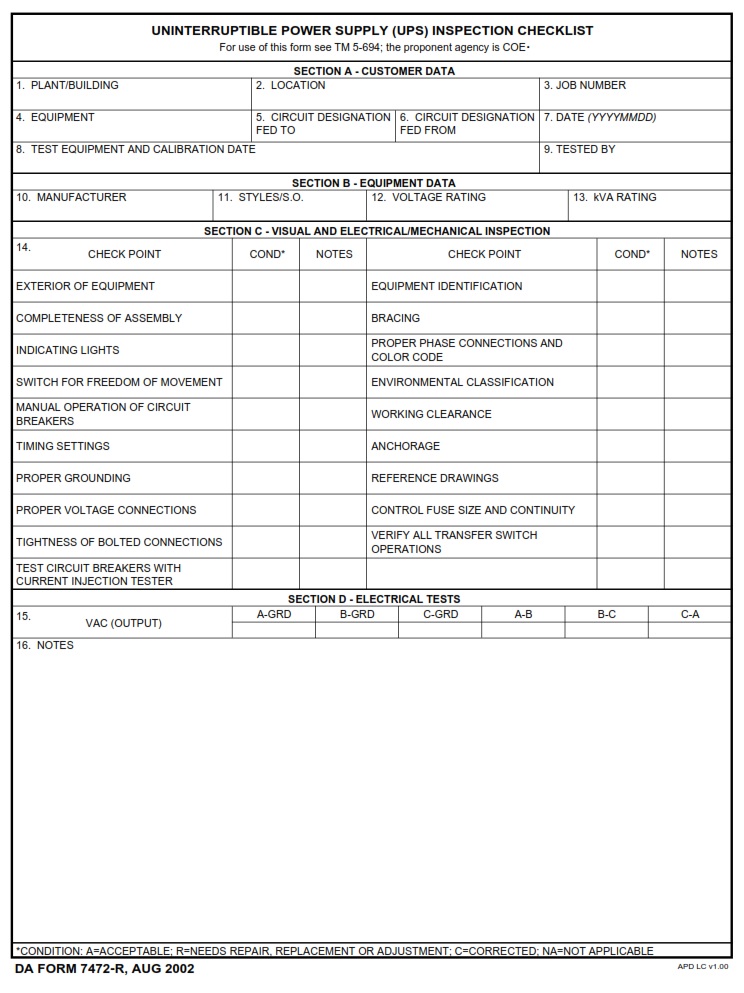 DA FORM 7472-R - Uninterruptible Power Supply (UPS) Inspection Checklist (LRA)