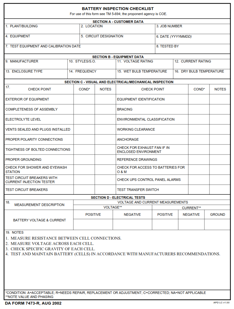 DA FORM 7473-R - Battery Inspection Checklist (LRA)