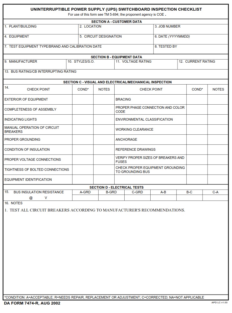 DA FORM 7474-R - Uninterruptible Power Supply (UPS) Switchboard Inspection Checklist (LRA)