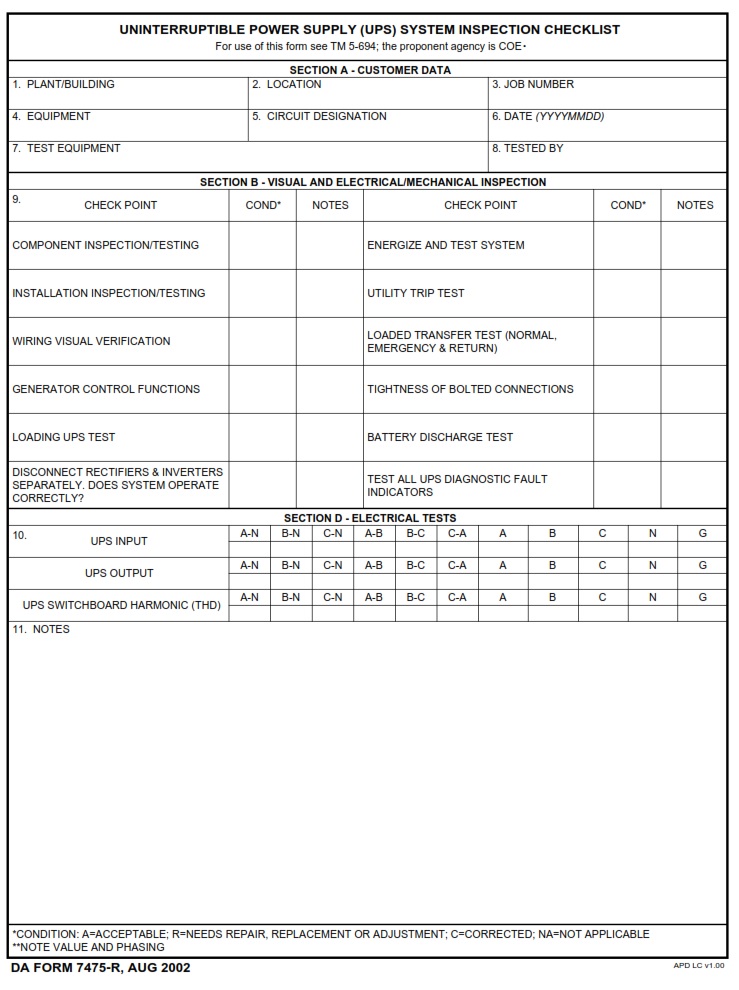 DA FORM 7475-R - Uninterruptible Power Supply (UPS) System Inspection Checklist (LRA)