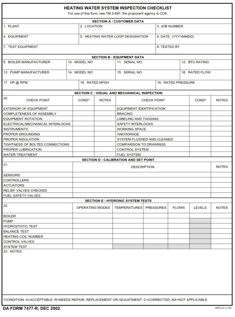 DA FORM 7477-R - Heating Water System Inspection Checklist (LRA)