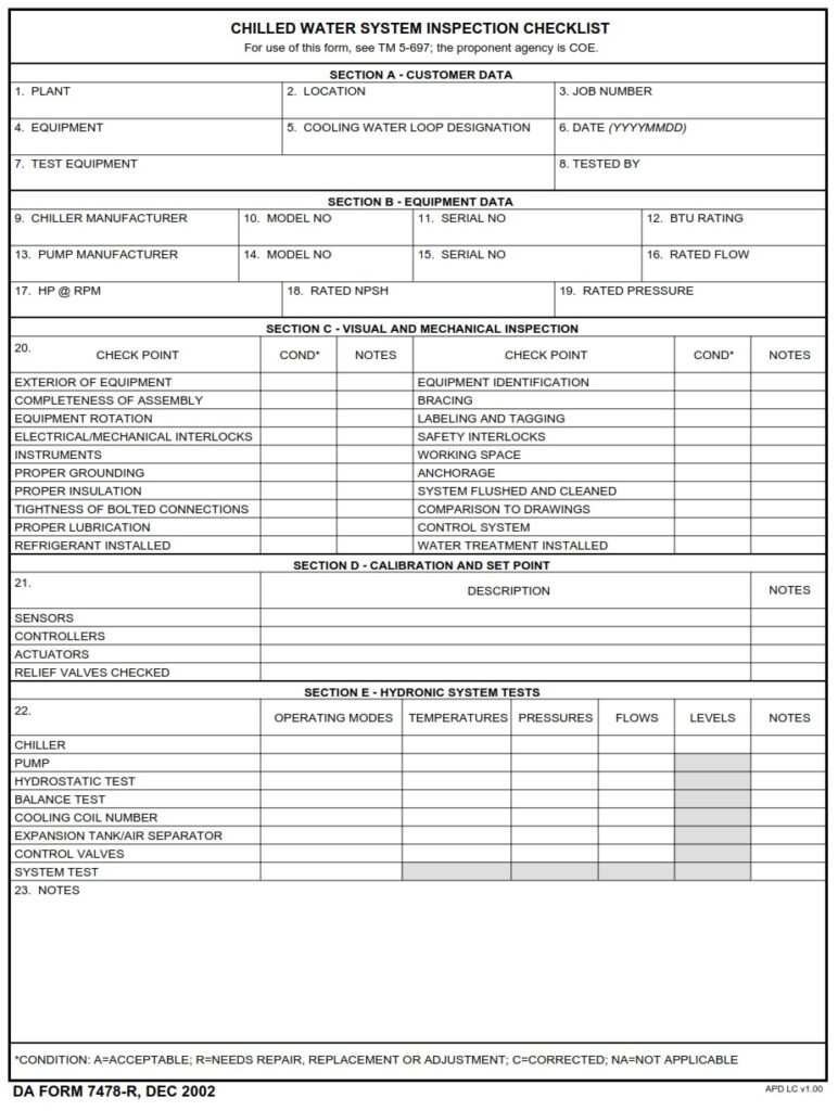 DA FORM 7478-R - Chilled Water System Inspection Checklist (LRA)