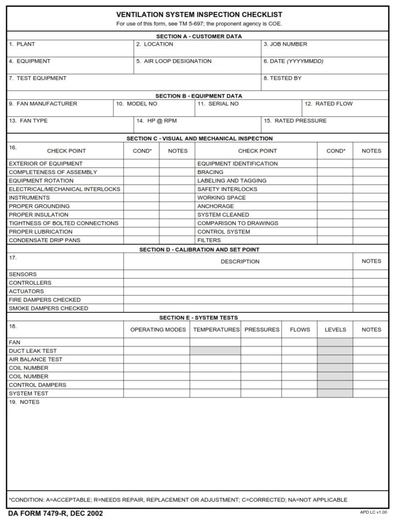 DA FORM 7479-R - Ventilation System Inspection Checklist (LRA)