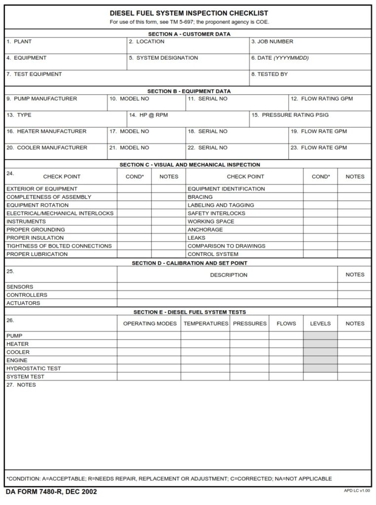 DA FORM 7480-R - Diesel Fuel System Inspection Checklist (LRA)