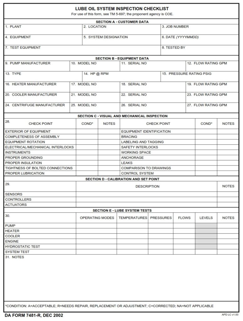 DA FORM 7481-R - Lube Oil System Inspection Checklist (LRA)