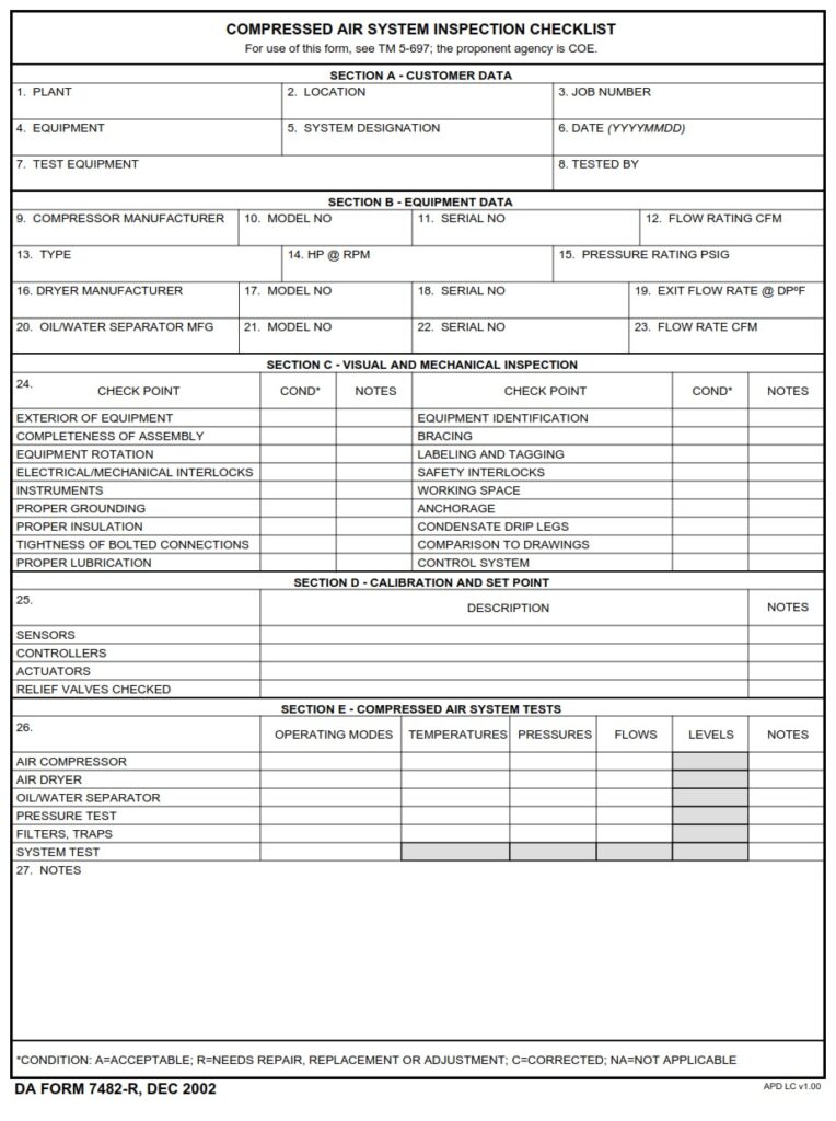 DA FORM 7482-R - Compressed Air System Inspection Checklist (LRA)