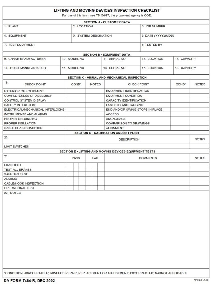 DA FORM 7484-R - Lifting And Moving Devices Sys Inspection Checklist (LRA)