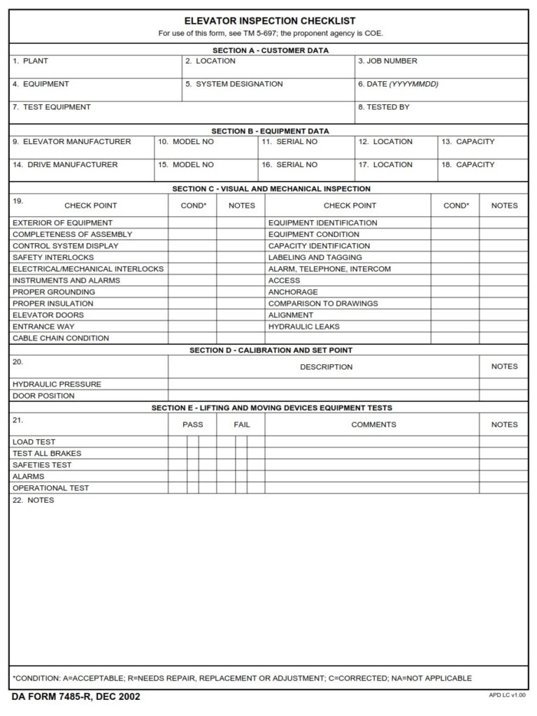 DA FORM 7485-R - Elevator Inspection Checklist (LRA)