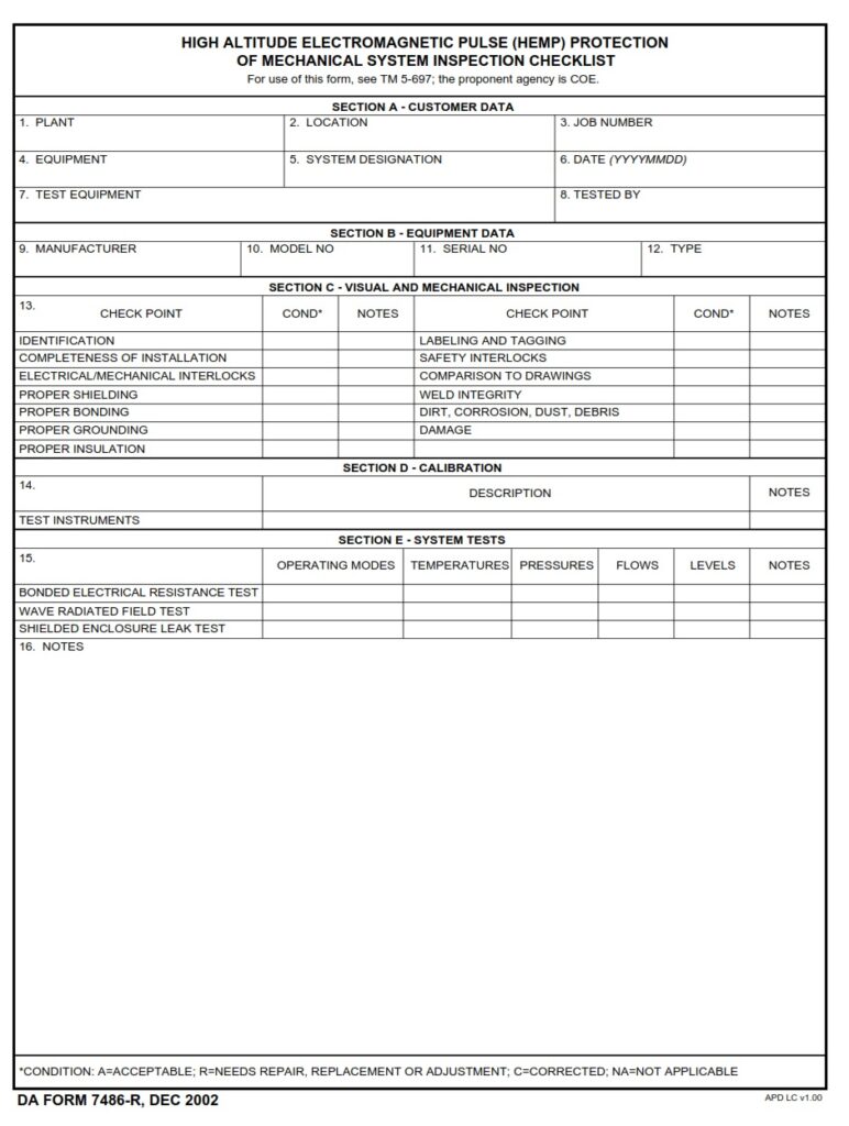 DA FORM 7486-R - High Altitude Electromagnetic Pulse (HEMP) Protection Of Mechanical Systems Inspection Checklist (LRA)