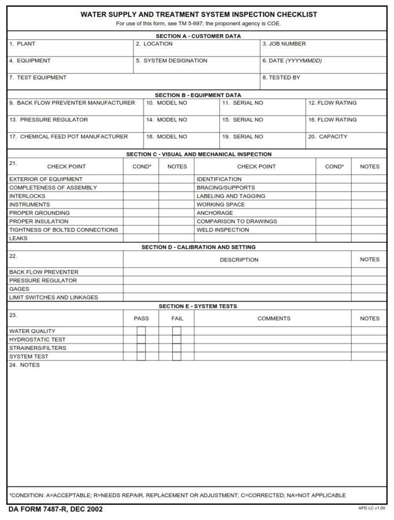 DA FORM 7487-R - Water Supply And Treatment System Inspection Checklist (LRA)