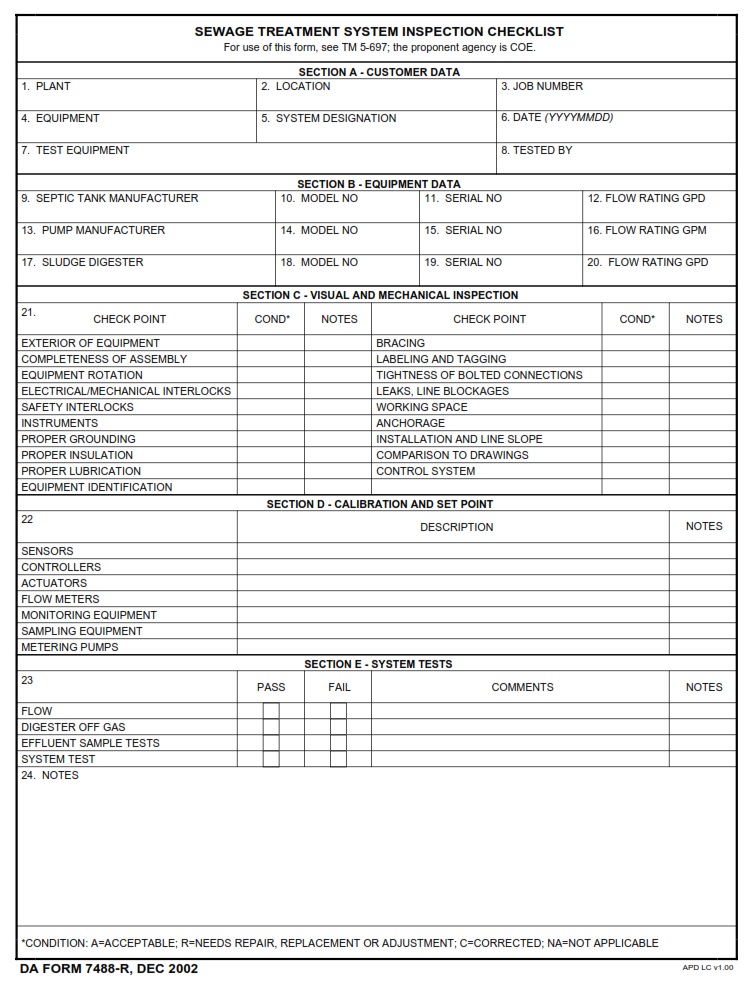 DA FORM 7488-R - Sewage Treatment Systems Inspection Checklist (LRA)