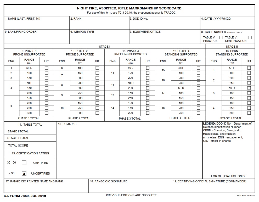 DA FORM 7489 - Night Fire, Assisted, Rifle Marksmanship Scorecard