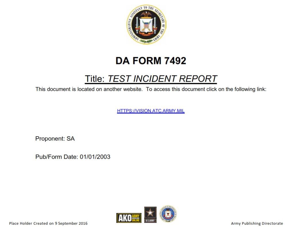 DA FORM 7492 - Test Incident Report