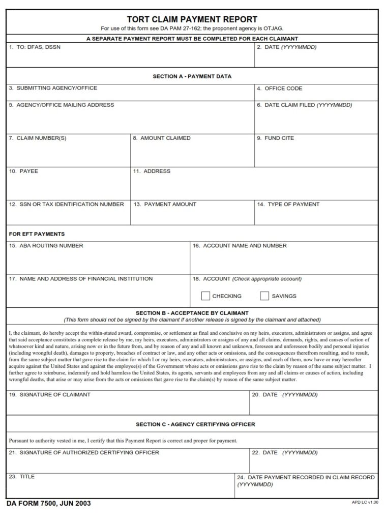 DA FORM 7500 - Tort Claim Payment Report