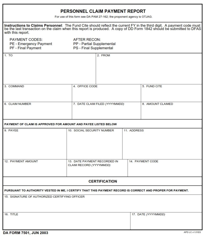 DA FORM 7501 - Personnel Claim Payment Report