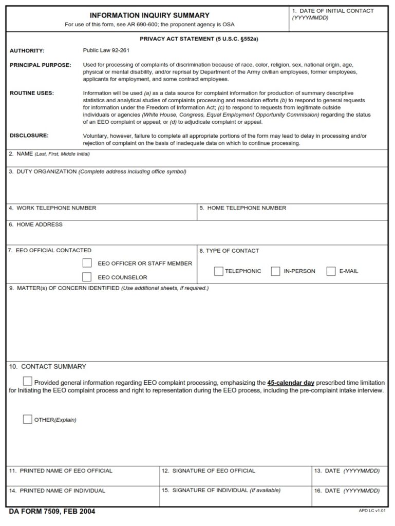 DA FORM 7509 - Information Inquiry Summary