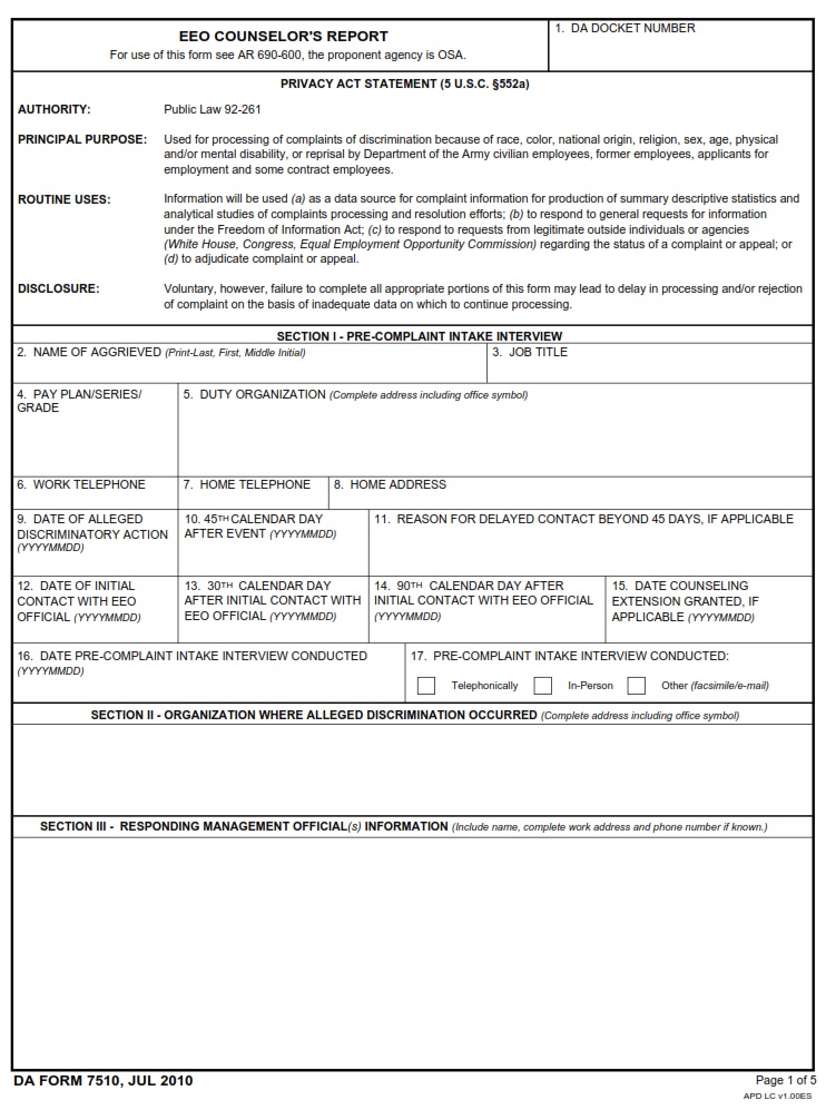 DA FORM 7510 - EEO Counselor`s Report