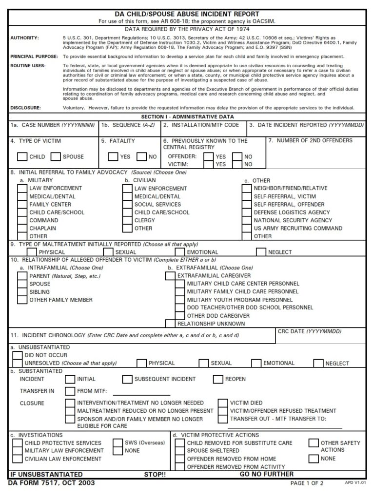 DA FORM 7517 - DA Child-Spouse Abuse Incident Report - Page 1