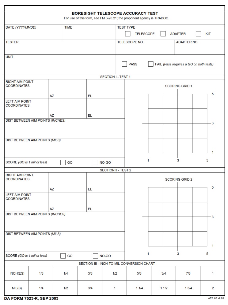 DA FORM 7523-R - Boresight Telescope Accuracy Test