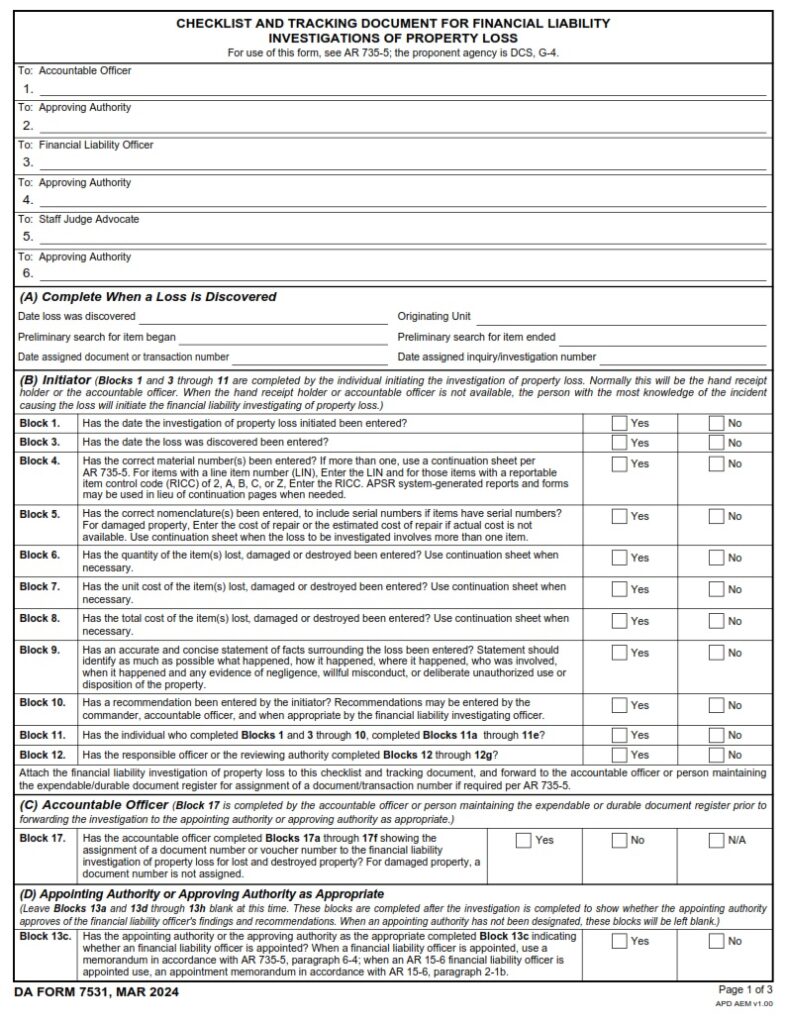 DA FORM 7531 - Checklist and Tracking Document For Financial Liability Investigations Of Property Loss - Page 1