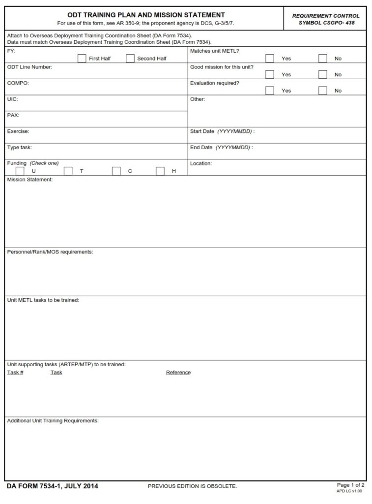 DA FORM 7534-1 - ODT Training Plan And Mission Statement