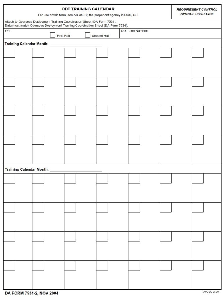 DA FORM 7534-2 - ODT Training Calendar