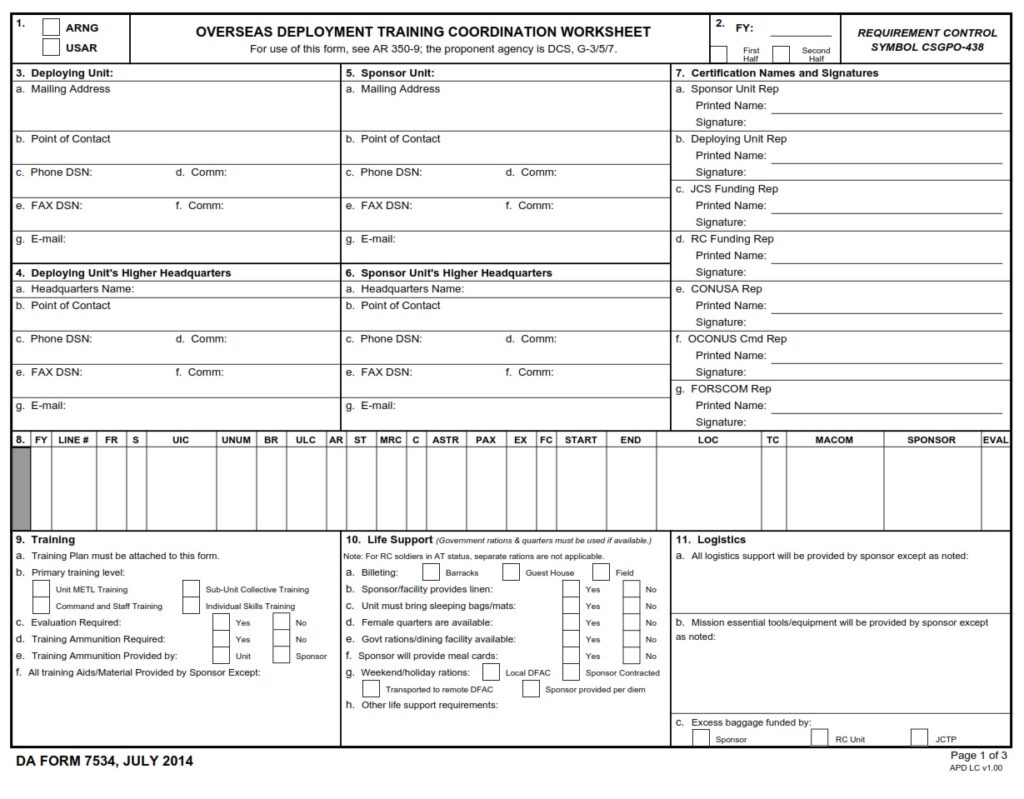 DA FORM 7534 - Overseas Deployment Training Coordination Worksheet - Page 1