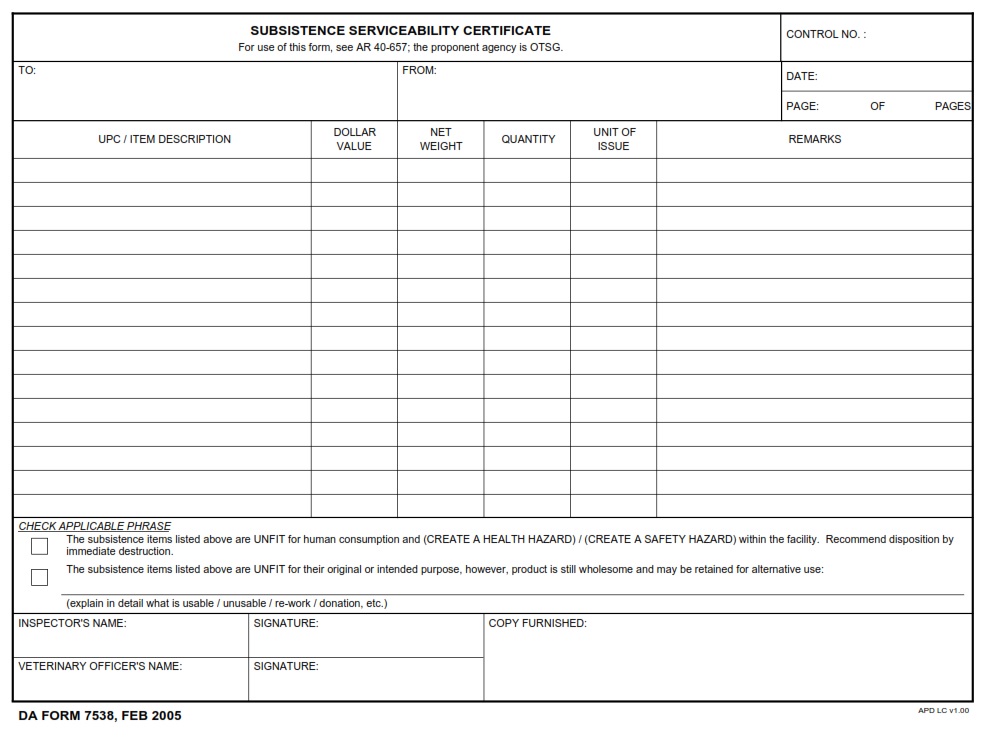 DA FORM 7538 - Subsistence Serviceability Certificate