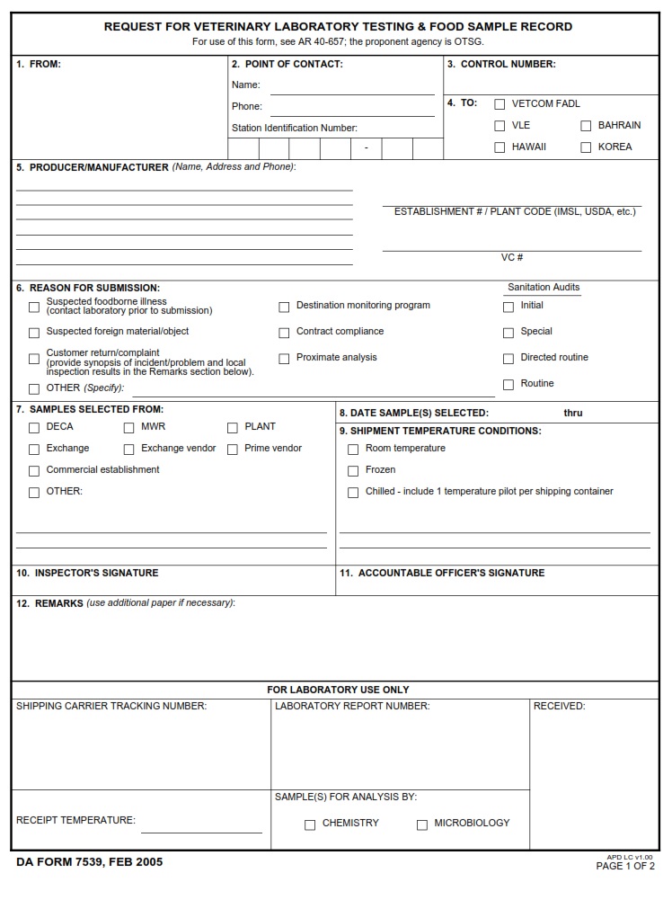 DA FORM 7539 - Request For Veterinary Laboratory Testing & Food Sample Record - Page 1