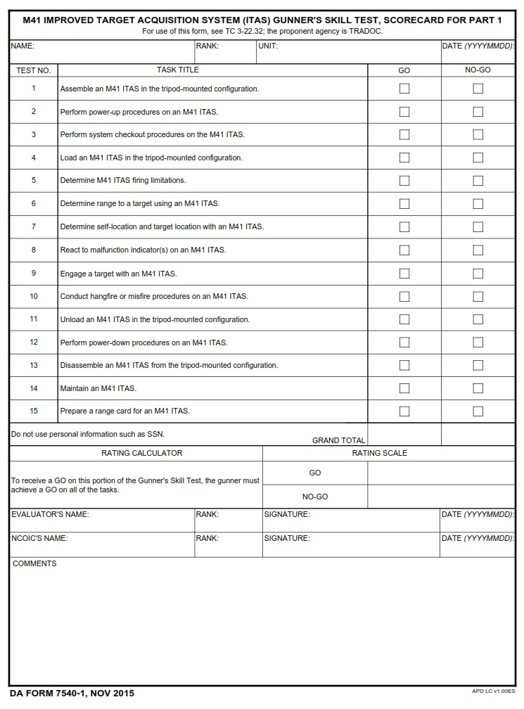 DA FORM 7540-1 - M41 Improved Target Acquisition System (ITAS) Gunners Skill Test, Scorecard For Part 1