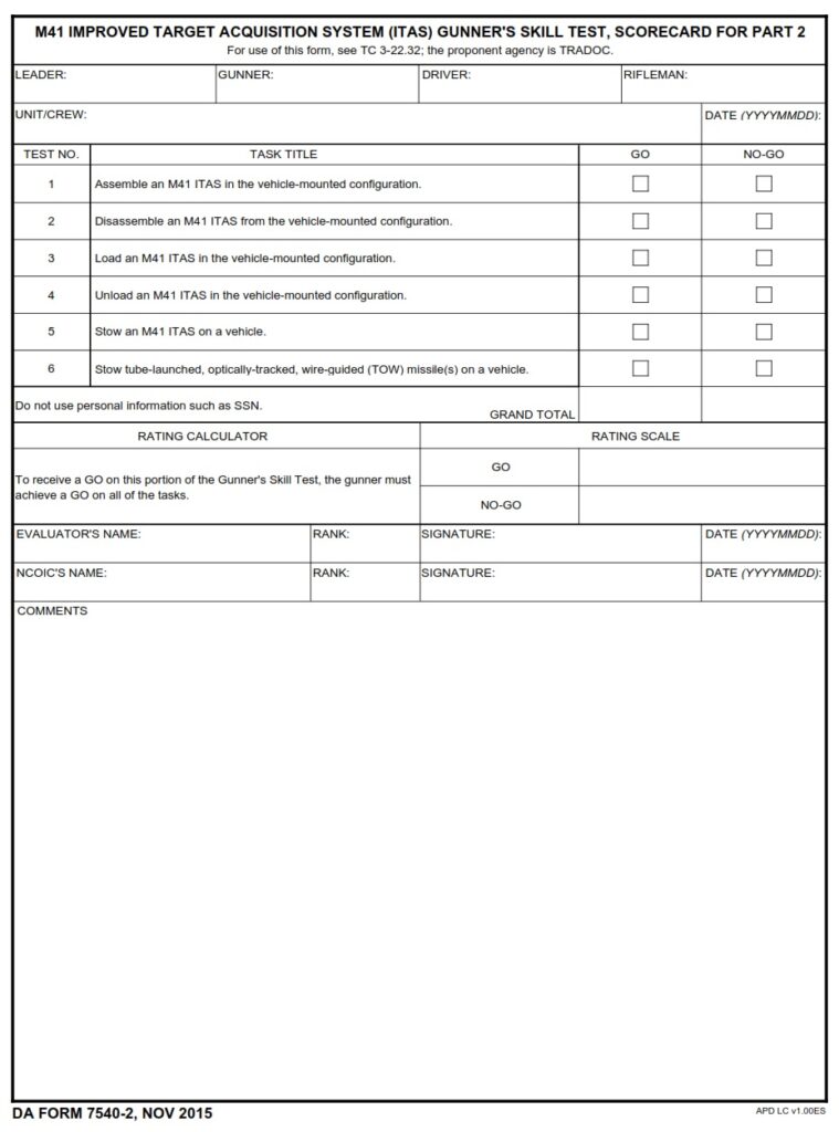 DA FORM 7540-2 - M41 Improved Target Acquisition System (ITAS) Gunners Skill Test, Scorecard For Part 2