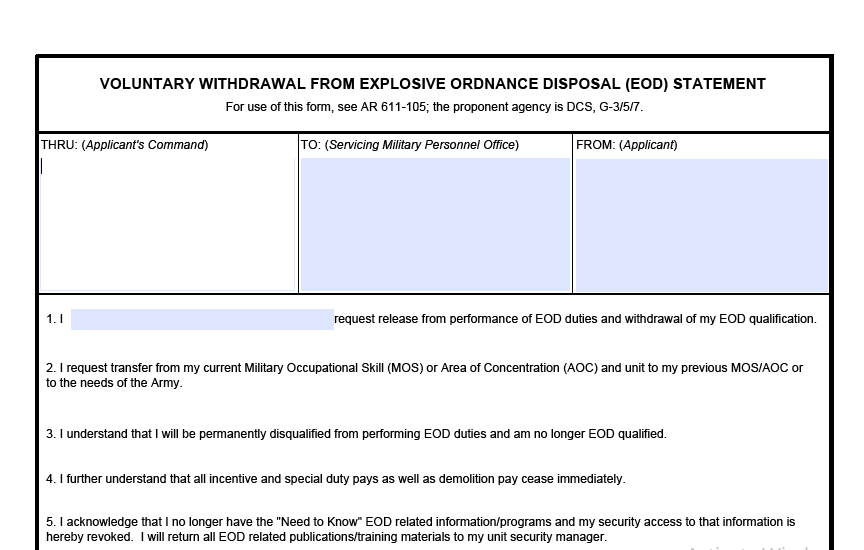 DA FORM 5437 - Voluntary Withdrawal From Explosive Ordnance Disposal (EOD) Statement