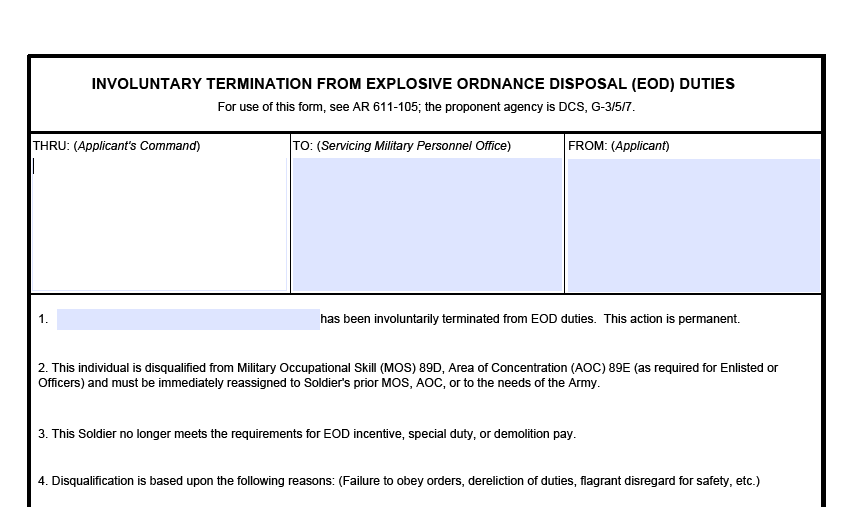 DA FORM 5438 - Involuntary Termination From Explosive Ordnance Disposal (EOD) Duties