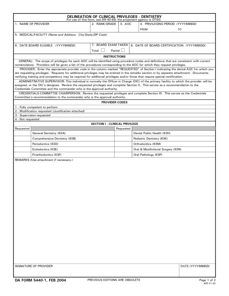 DA FORM 5440-1 - Delineation Of Clinical Privileges-Dentistry_page-0001