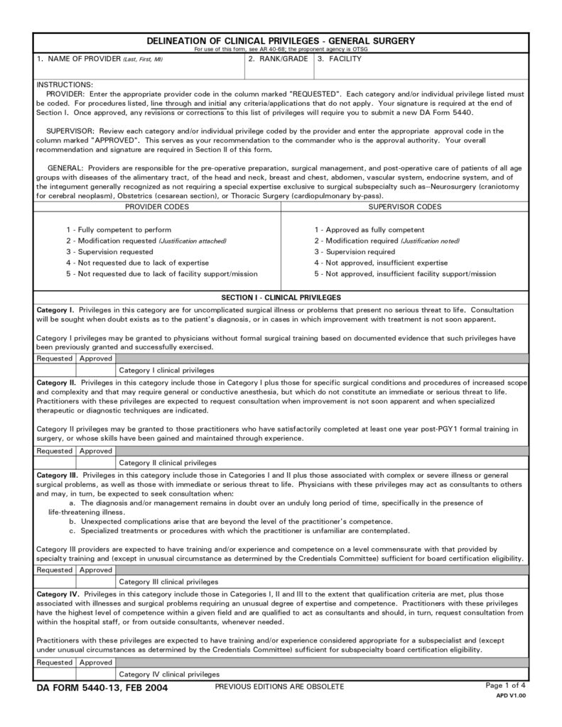 DA FORM 5440-13 - Delineation Of Clinical Privileges-General Surgery_page-0001