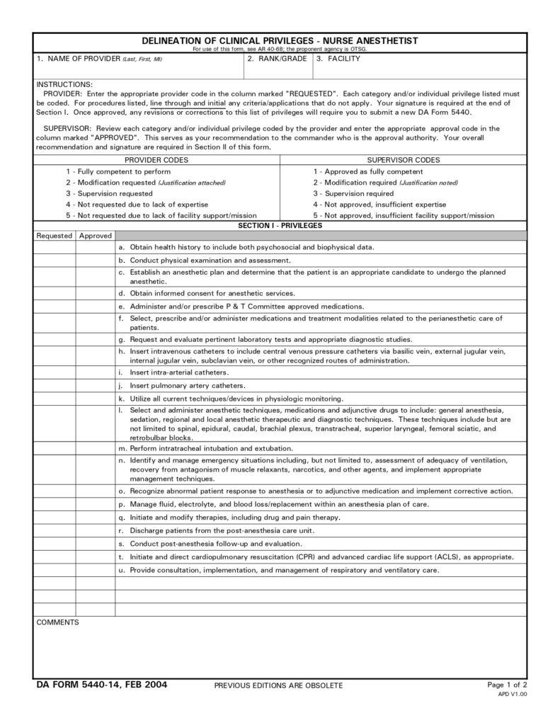 DA FORM 5440-14 - Delineation Of Clinical Privileges-Nurse Anesthetists_page-0001