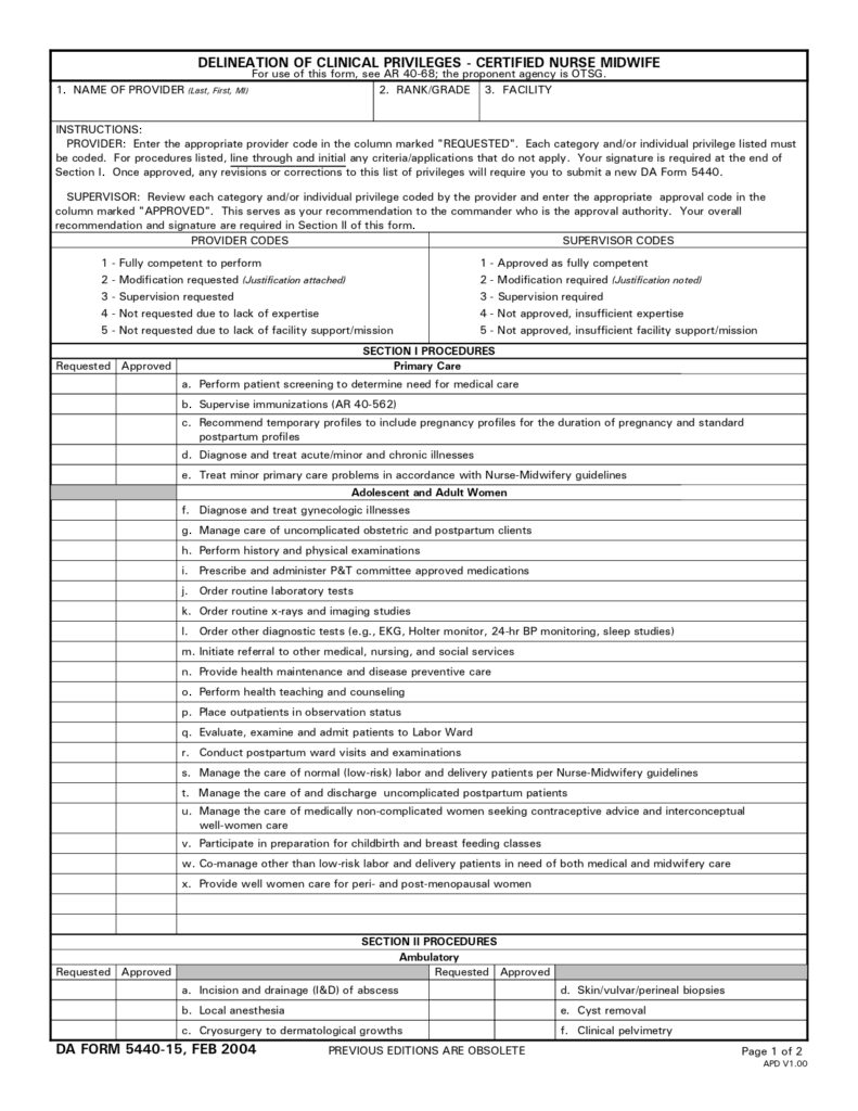 DA FORM 5440-15 - Delineation Of Clinical Privileges-Certified Nurse Midwives_page-0001