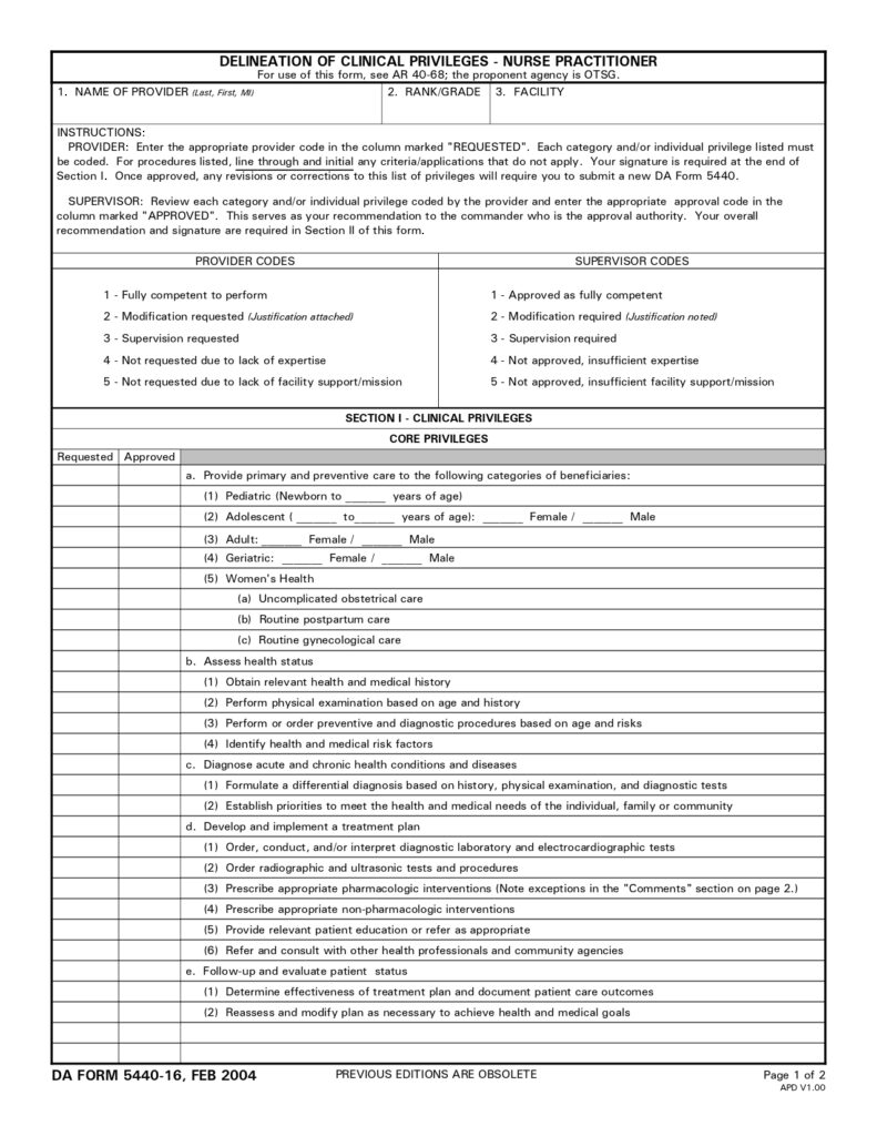 DA FORM 5440-16 - Delineation Of Clinical Privileges-Nurse Practitioner_page-0001