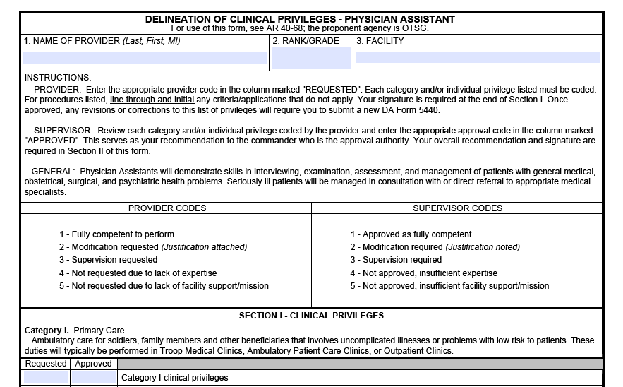 DA FORM 5440-18 - Delineation Of Clinical Privileges - Physician Assistant