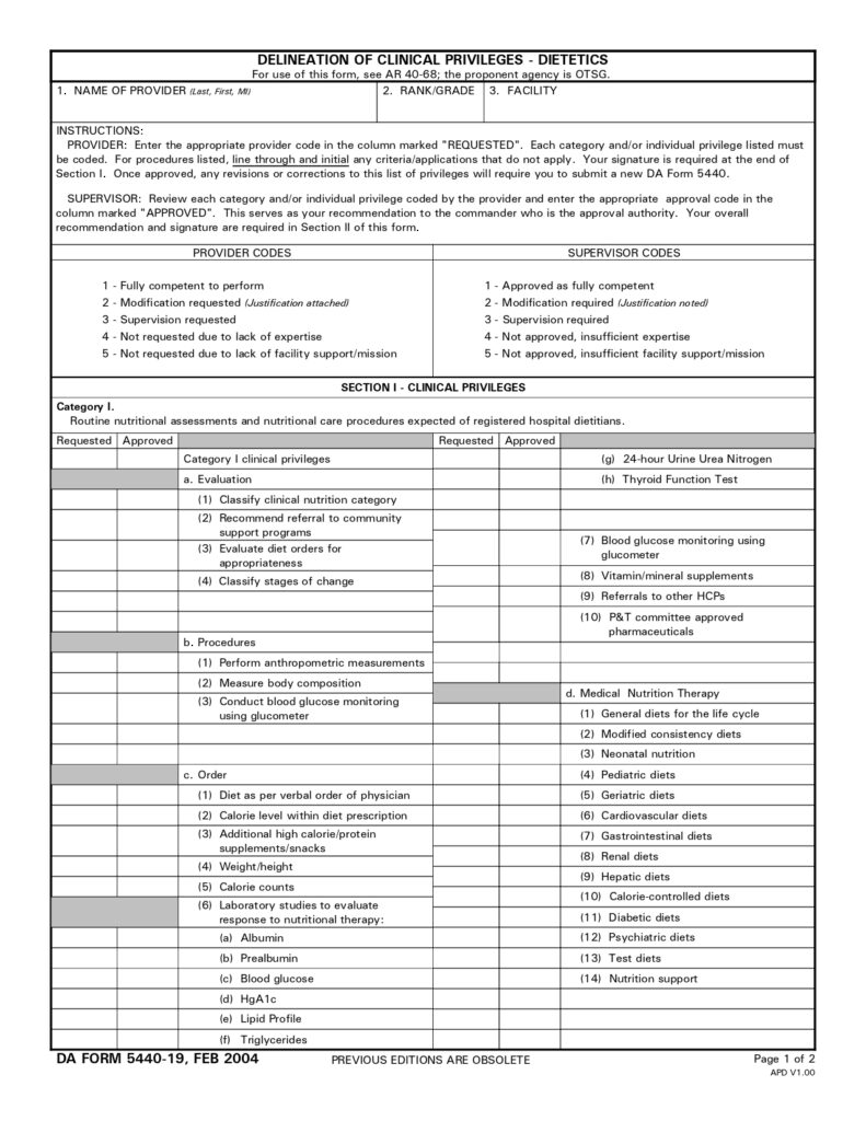 DA FORM 5440-19 - Delineation Of Clinical Privileges-Dietetics_page-0001