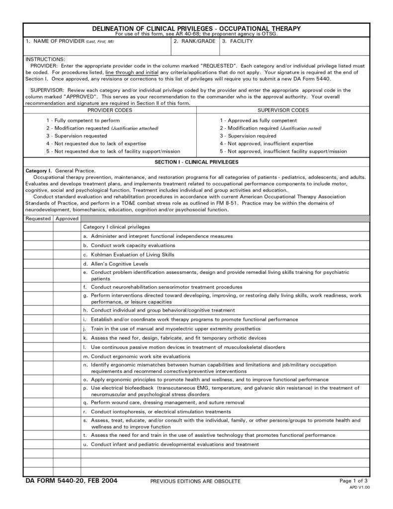 DA FORM 5440-20 - Delineation Of Clinical Privileges-Occupational Therapy_page-0001