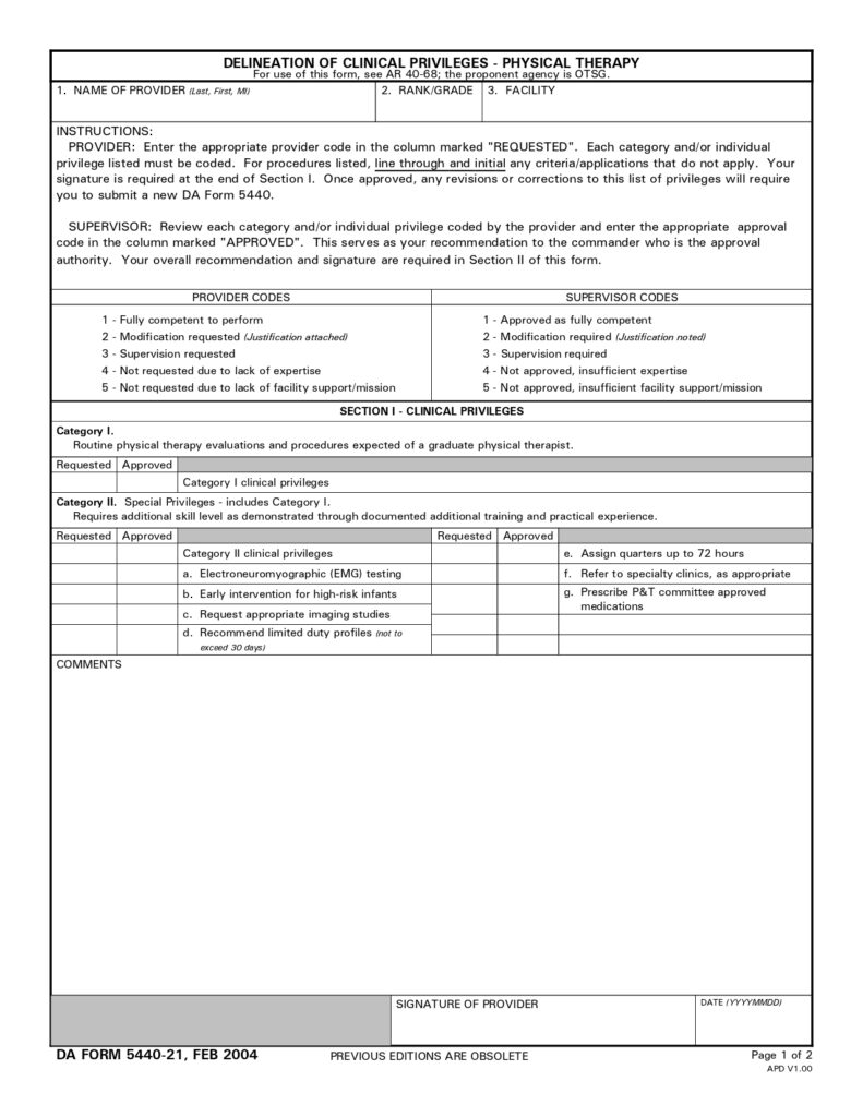 DA FORM 5440-21 - Delineation Of Clinical Privileges-Physical Therapy_page-0001