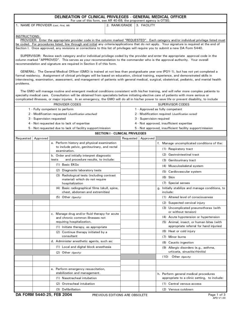 DA FORM 5440-25 - Delineation Of Clinical Privileges-General Medical Officer_page-0001