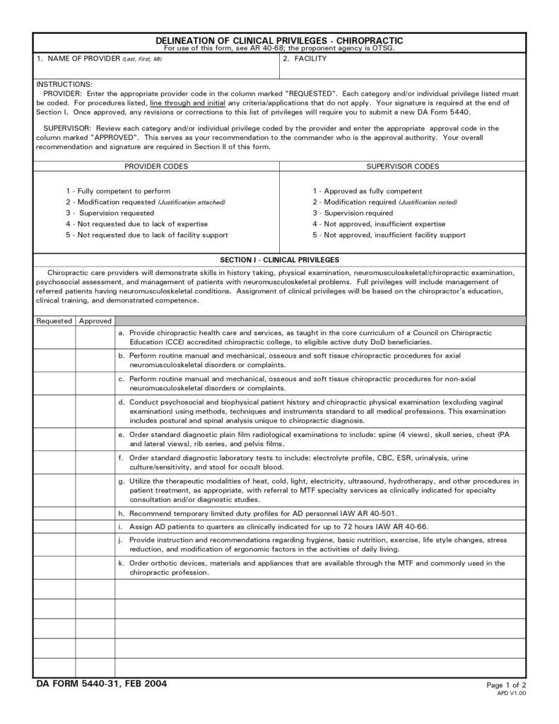 DA FORM 5440-31 - Delineation Of Clinical Privileges - Chiropractic_page-0001