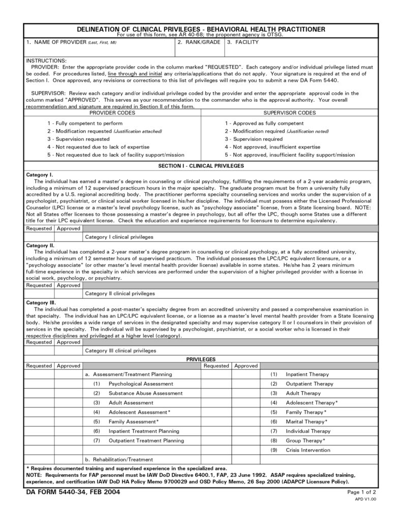 DA FORM 5440-34 - Delineation Of Clinical Privileges - Behavioral Health Practitioner_page-0001