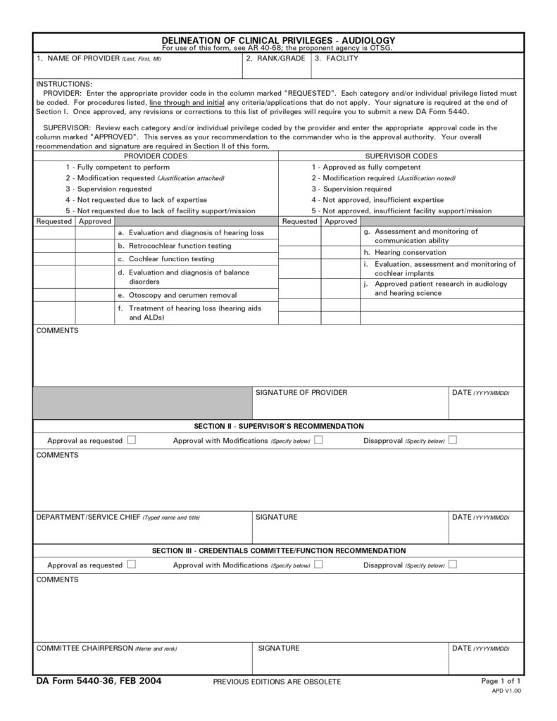 DA FORM 5440-36 - Delineation Of Clinical Privileges - Audiology_page-0001